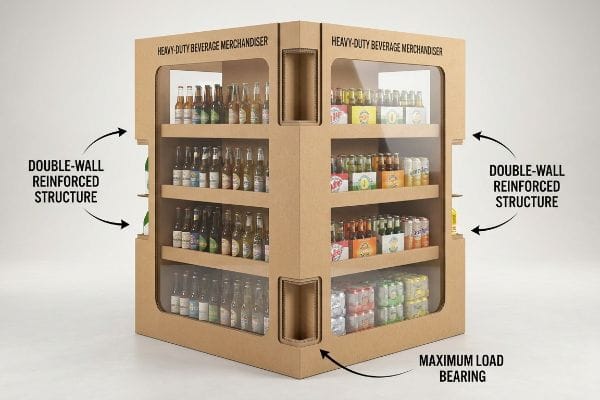 Brown corrugated Heavy-Duty Beverage Merchandiser, double-wall reinforced, shop-through windows, maximum load bearing.