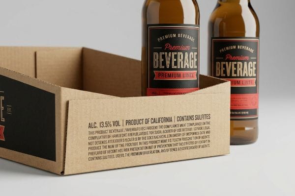 Deux bouteilles ambrées portant les étiquettes « Premium Beverage » et « Premium Lince » sont placées dans un plateau en carton ondulé brun, affichant le texte légal « Alc. 13,5 % Vol | Produit de Californie | Contient des sulfites ».