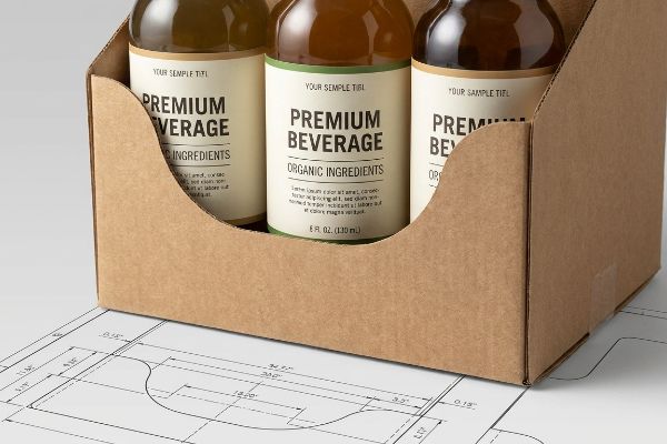 Brown corrugated shelf-ready packaging tray with a custom die-cut swoop, showcasing Premium Beverage bottles with Organic Ingredients labels on a CAD drawing.