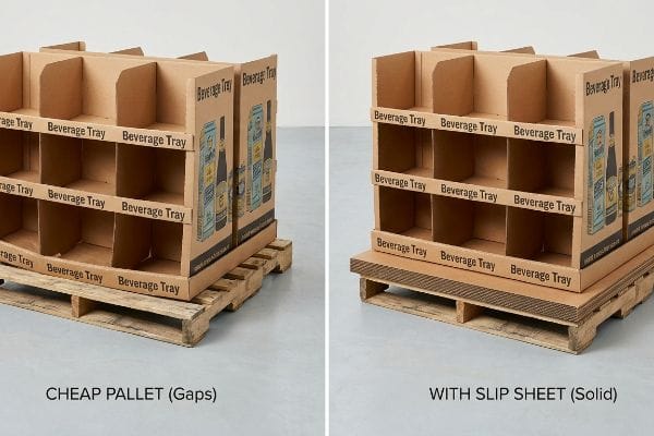 Corrugated Beverage Tray displays on pallets: one sagging due to 'Cheap Pallet (Gaps)', the other stable 'With Slip Sheet (Solid)'.