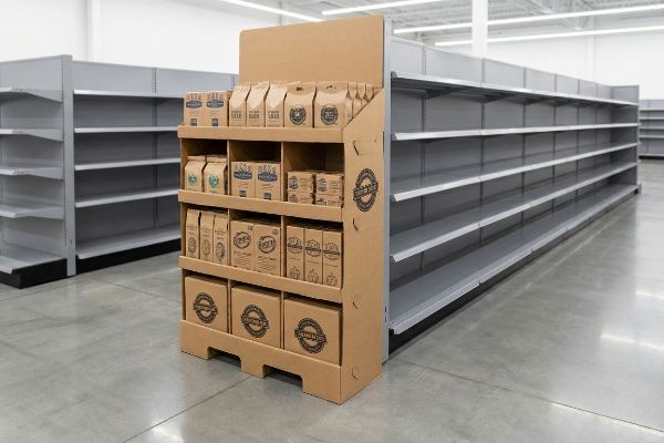 Kraft cardboard display unit featuring Holland & Barrett, Good & Gather, and Simply Balanced products in a big-box retail store with empty gray shelves.
