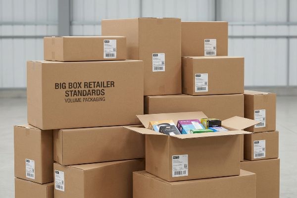 Brown cardboard boxes, one marked 'Big Box Retailer Standards Volume Packaging', an open box revealing colorful retail items.