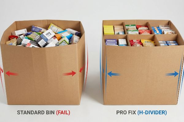 Brown corrugated bins compare a bulging Standard Bin (Fail) with loose products to a straight Pro Fix (H-Divider) bin with organized retail SKUs.