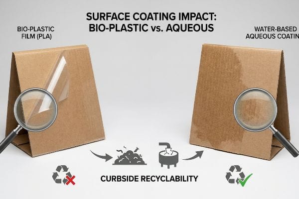 Cardboard boxes illustrate Surface Coating Impact: Bio-Plastic Film (PLA) failing curbside recyclability versus Water-Based Aqueous Coating succeeding.