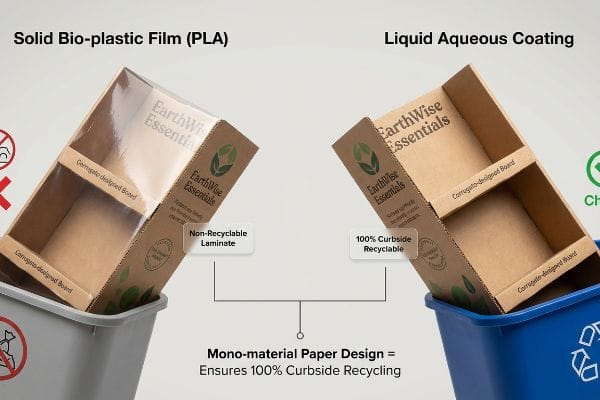 EarthWise Essentials corrugated displays: non-recyclable Solid Bio-plastic Film (PLA) in a trash bin vs. 100% Curbside Recyclable Liquid Aqueous Coating in a recycling bin.