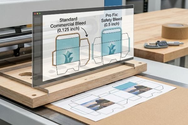 Transparent screen displays 'Standard Commercial Bleed (0.125 inch)' and 'Pro Fix: Safety Bleed (0.5 inch)' dieline comparison for die cutting.