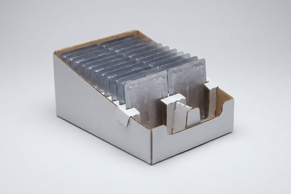 White corrugated retail display tray filled with multiple clear blister packs for product packaging.