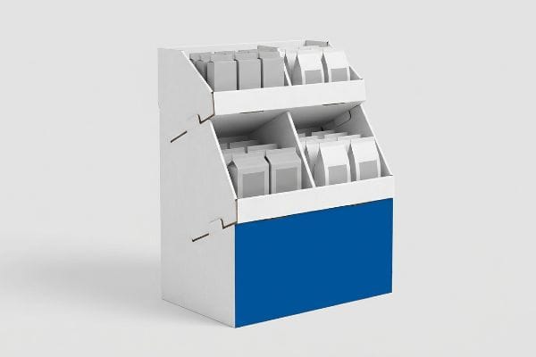 Présentoir PLV à deux niveaux en carton ondulé blanc avec étagères inclinées, rempli de boîtes de produits, avec une base bleue.