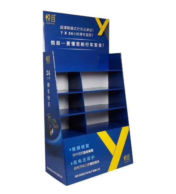 blue cardboard display dash cam electronics