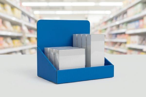 Bandeja expositora PDQ de papelão azul vibrante com caixas de produtos brancas em um balcão, pronta para compras por impulso no corredor de uma loja de varejo.