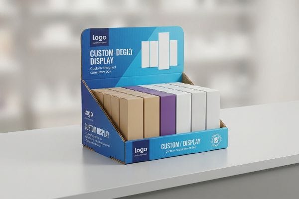 A blue and white Custom-Design Display counter unit, holding beige, purple, and white consumer boxes, positioned on a clean white countertop.