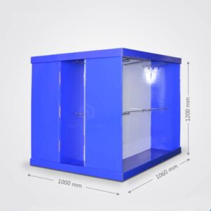Présentoir palette en carton ondulé bleu avec dimensions