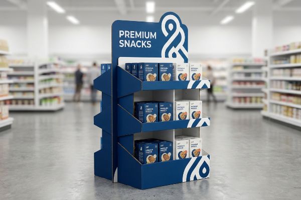 A blue corrugated cardboard three-tier display rack, featuring 