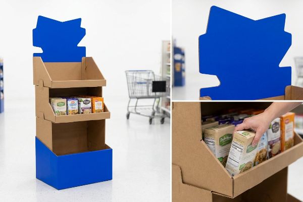 Brown cardboard floor display with a blue die-cut header and base, featuring product boxes, optimized for 3-3-3 rule retail merchandising.