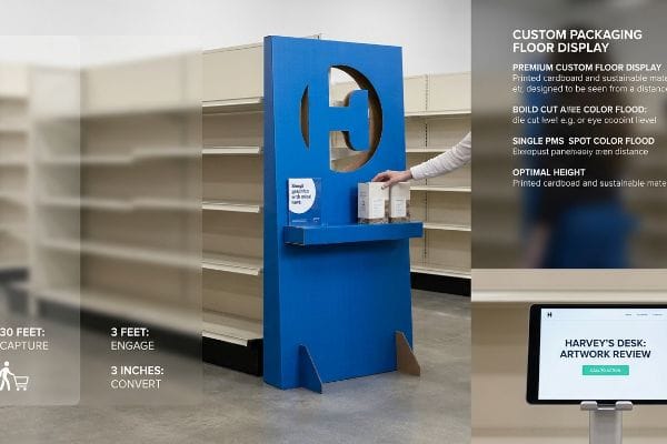 Blaues, individuell gestaltetes Bodendisplay mit ausgestanztem H, Produkten und Hand, das die 3-3-3-Regel für die Kundenbindung hervorhebt.