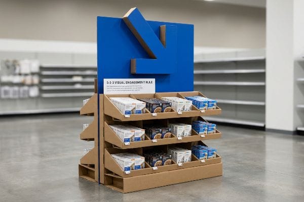 3-3-3 Rule Display Corrugated cardboard POP display with a blue die-cut header and a "3-3-3 Visual Engagement Rule" sign, showcasing product boxes.