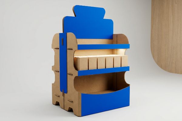 Vibrant blue and natural kraft corrugated cardboard point of purchase display with multiple shelves, featuring small brown boxes on the middle tier.