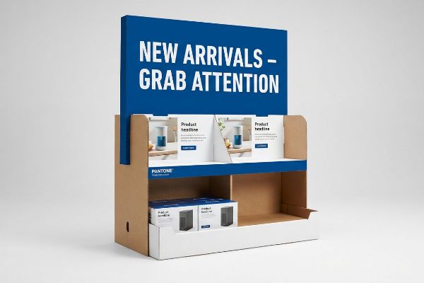 Corrugated cardboard endcap display features a bold blue header with 'New Arrivals - Grab Attention', two product cards, and 'Pantone' branding.