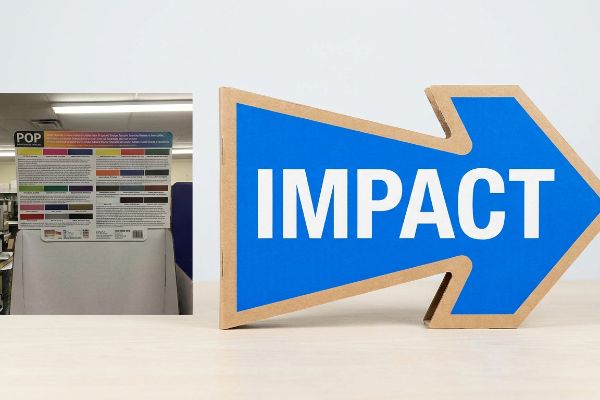 Blue die-cut cardboard arrow display featuring 'Impact' in white, positioned next to a Pop color chart.