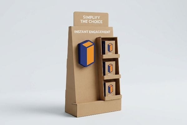 Simplify Choice Display Corrugated POP display, blue-orange 3D focal point, 'PRODUCT' boxes, 'Simplify The Choice'.