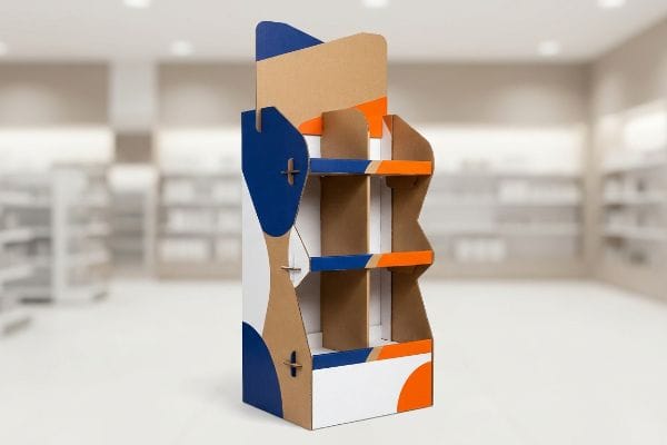 Corrugated cardboard display stand with blue and orange die-cut shapes, featuring multiple shelves for retail product merchandising.