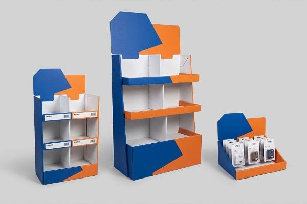 Vibrant blue and orange corrugated cardboard visual merchandising displays, featuring 3D die-cut shapes, with one holding packaged products.