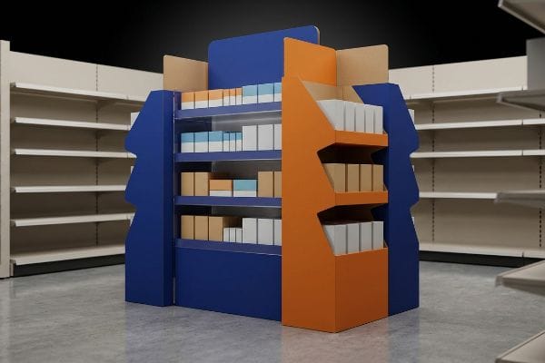 blue orange die cut floor display