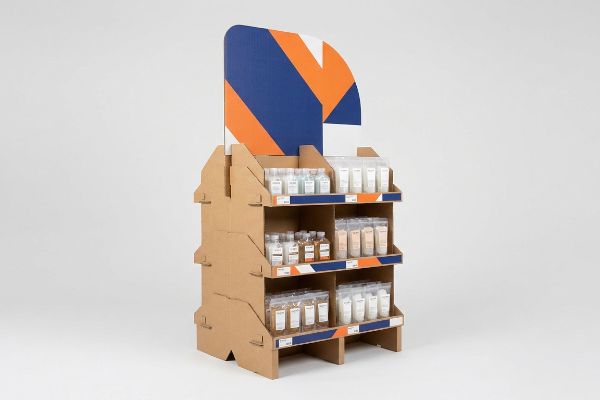 Corrugated cardboard endcap display featuring three shelves stocked with various cosmetic bottles and tubes, topped with a blue and orange abstract header.