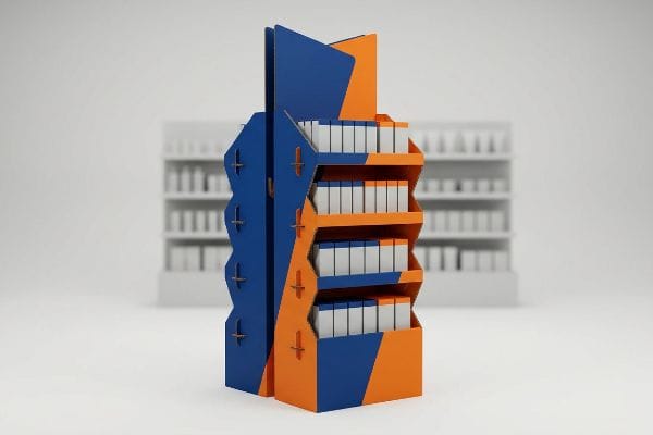 Vibrant blue and orange point of purchase display with multiple shelves of white product boxes, designed for retail merchandising.
