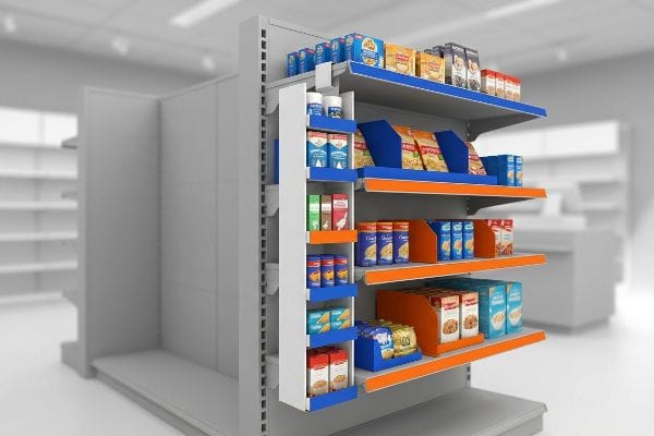Retail aisle features a sidekick display on a gray gondola, stocked with packaged food on blue and orange shelves.