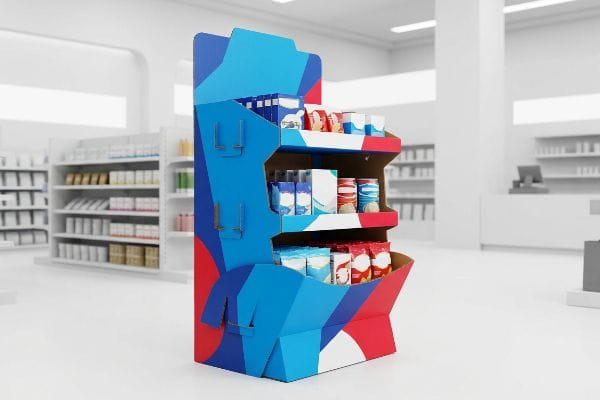 Vibrant corrugated POP display with blue, red, white geometric patterns, showcasing products on three shelves in a retail store.