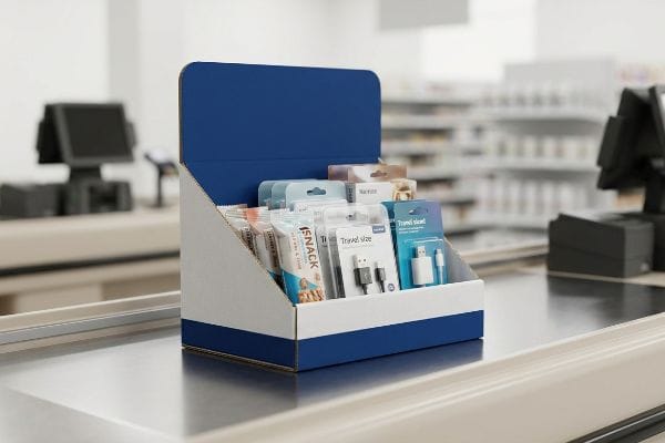 A retail checkout counter features a blue and white cardboard display filled with IsNack bars and Travel Size electronic accessories, capturing impulse sales.