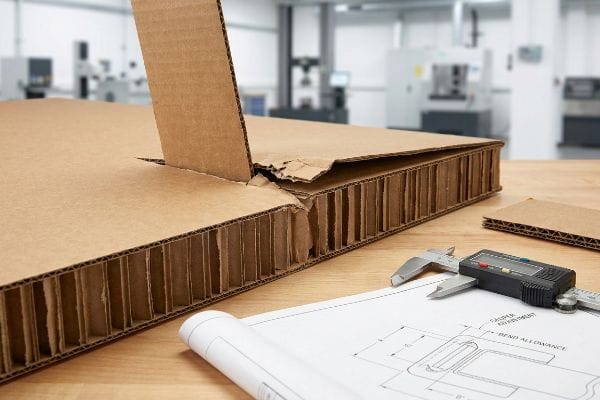 Thick B-flute corrugated board with visible honeycomb structure, digital caliper, and blueprint showing Caliper Adjustment and Bend Allowance.