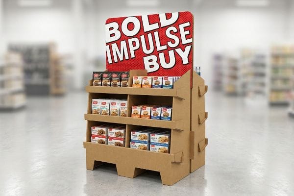 Expositor de cartón ondulado para venta al por menor con un encabezado rojo que dice "Compra impulsiva audaz", que muestra productos empaquetados en tres estantes.