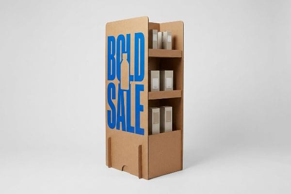 Brown corrugated cardboard POP sidekick display with bold blue