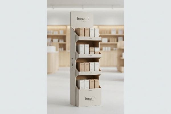 Boranil Retail Display A minimalist Boranil corrugated cardboard in-store display with four tiers, showcasing white and beige product boxes for retail sales.