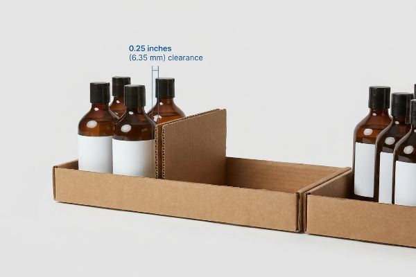 Corrugated tray with amber bottles showing 0.25 inches (6.35 mm) clearance for product spacing.