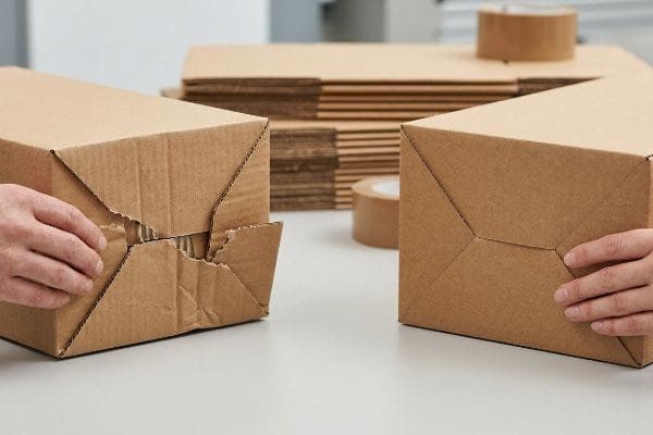Brown corrugated cardboard box bottom flaps being interlocked by hands, showcasing precise assembly and friction locks.