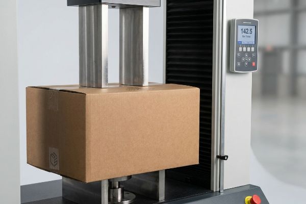 Brown corrugated cardboard box undergoing a compression test, showing 142.5 lbs Force on the digital display.