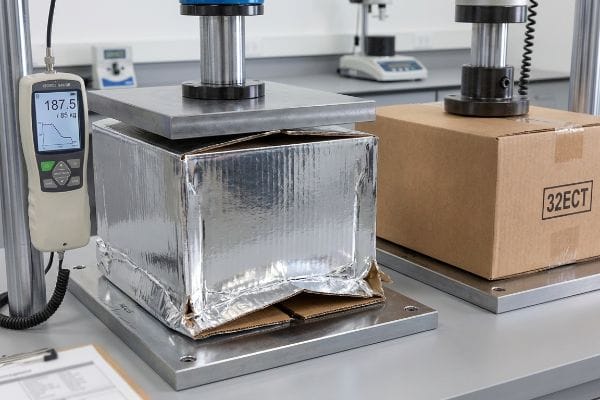 Silver-wrapped cardboard box undergoing Box Compression Test (BCT) with 187.5 lbs (85 kg) force, showing flute buckling next to a 32ECT carton.