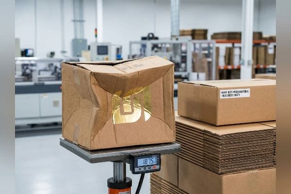 Brown corrugated box with gold foil on a digital scale displaying 187.5 lbs, illustrating a box compression test failure.