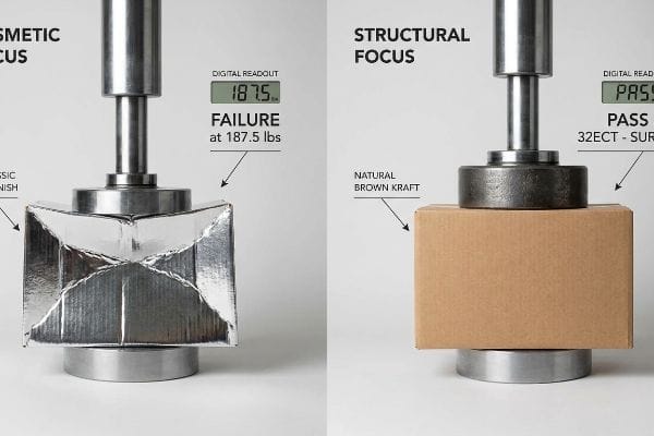 A silver foil-laminated box under Cosmetic Focus fails at 187.5 lbs, contrasted with a Natural Brown Kraft box under Structural Focus passing 32ECT.