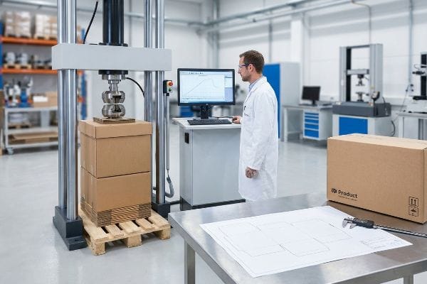 Brown cardboard boxes on a wooden pallet undergo compression testing by an engineer in a lab, monitoring BCT data for packaging integrity.