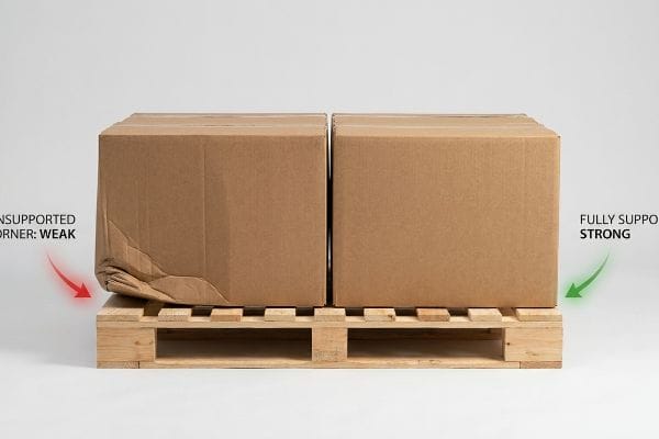Brown cardboard boxes on a pallet, one with a buckled, unsupported corner, the other fully supported, demonstrating compression strength.