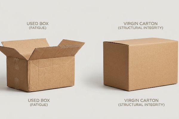 Brown corrugated cardboard boxes comparing a Used Box (Fatigue) with a Virgin Carton (Structural Integrity) side-by-side.