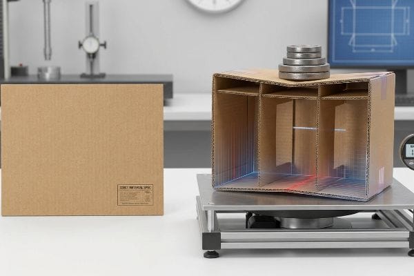 Corrugated box with 'Strict Material Spec' label, next to an open box under weights on a testing platform.