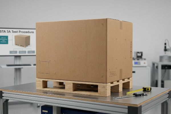 Brown corrugated box on a wooden pallet, with ISTA 3A Test Procedure on screen, measuring tape, and caliper.