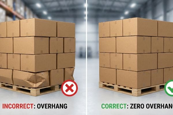 Brown corrugated boxes on pallets, showing Incorrect: Overhang with crushed bottom boxes versus Correct: Zero Overhang for stable stacking.