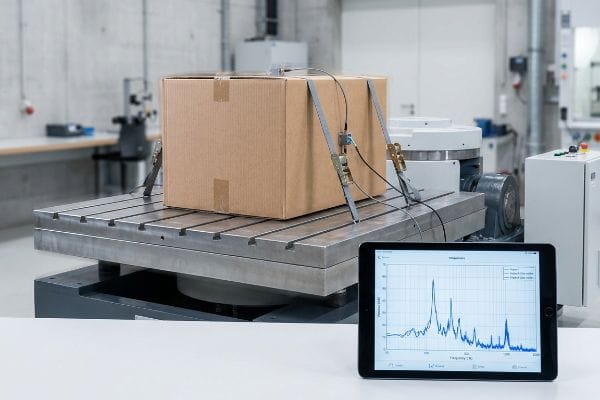 Brown corrugated box on an ISTA 3A vibration table with sensors, showing frequency analysis on a tablet.