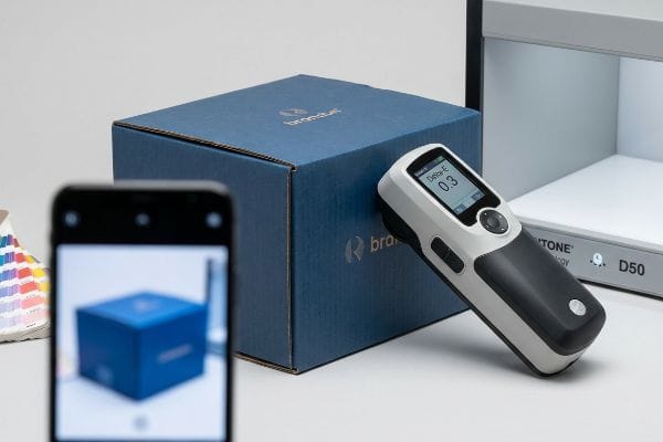 A Brambel spectrophotometer measures a blue box, displaying Delta E 0.3, with a smartphone capturing the scene and Pantone D50 lighting in the background.